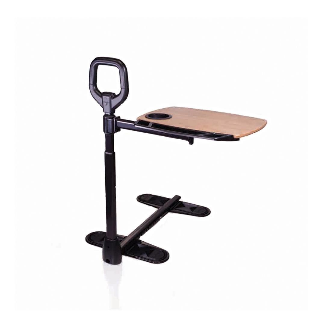 The Stander Assist-A-Tray is a mobility aid with a sturdy black handle, support base, and an adjustable wooden swivel tray with a cup holder, designed to assist with standing and provide a flat surface.